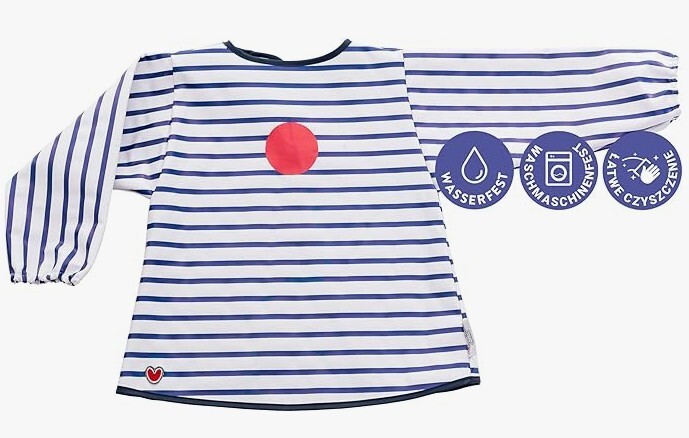 BabyToLove nepremokavý podbradník s rukávmi modré pruhy
